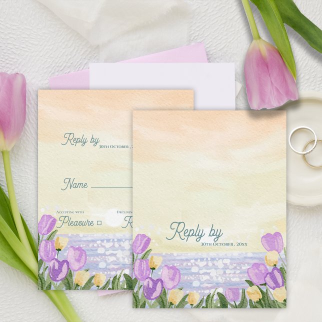 Cartons Réponse Romantic Beach Sunset Purple Florals Wedding Reply (Romantic Beach Sunset Purple Florals Wedding Reply RSVP Card)