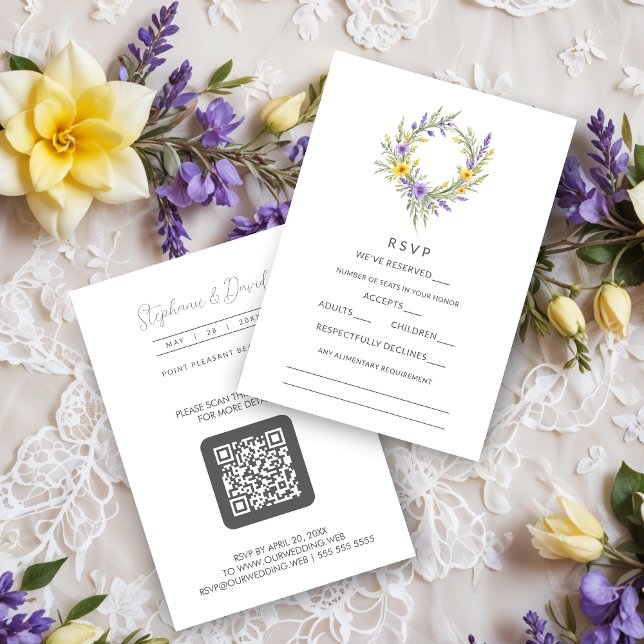 Cartons Réponse Romantic Minimal Wedding Yellow & Lavender Wreath (Romantic Minimalist Wedding Yellow & Lavender Wreath RSVP Cards. )
