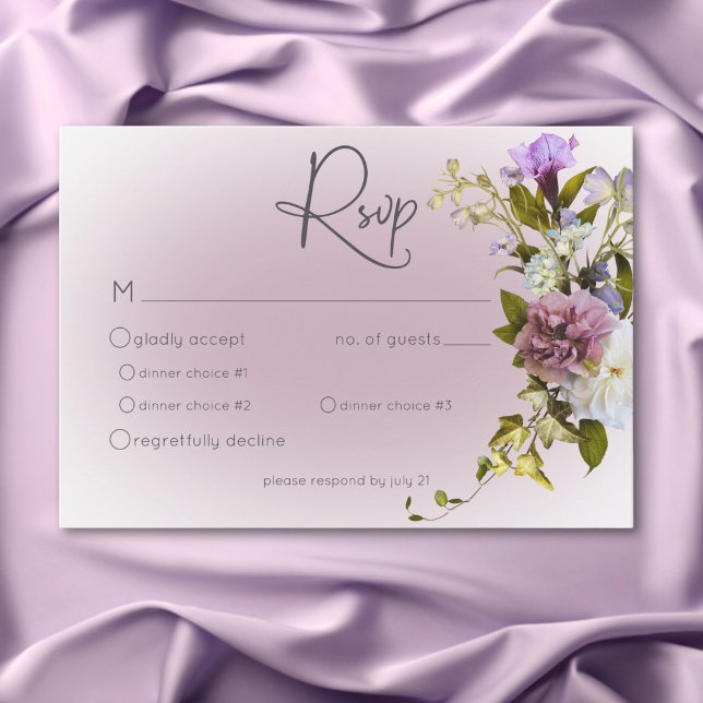 Cartons Réponse Romantique Blanc & Violet Floral Mariage moderne (Romantic White & Purple Floral Modern Wedding RSVP Card)