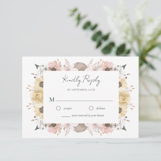 Cartons Réponse Romantique Elégant Rustique Floral Neutre Mariage (Debout devant)