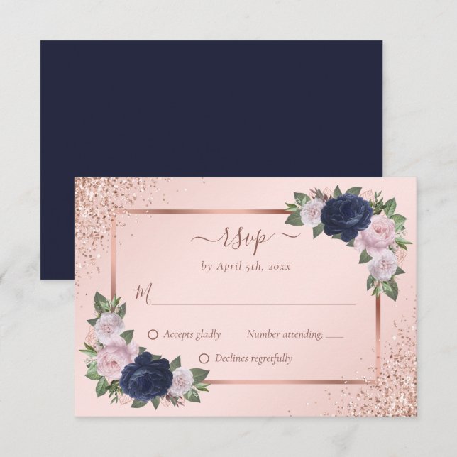 Cartons Réponse Rose bleu bleu marine Mariage floral or  (Devant / Derrière)