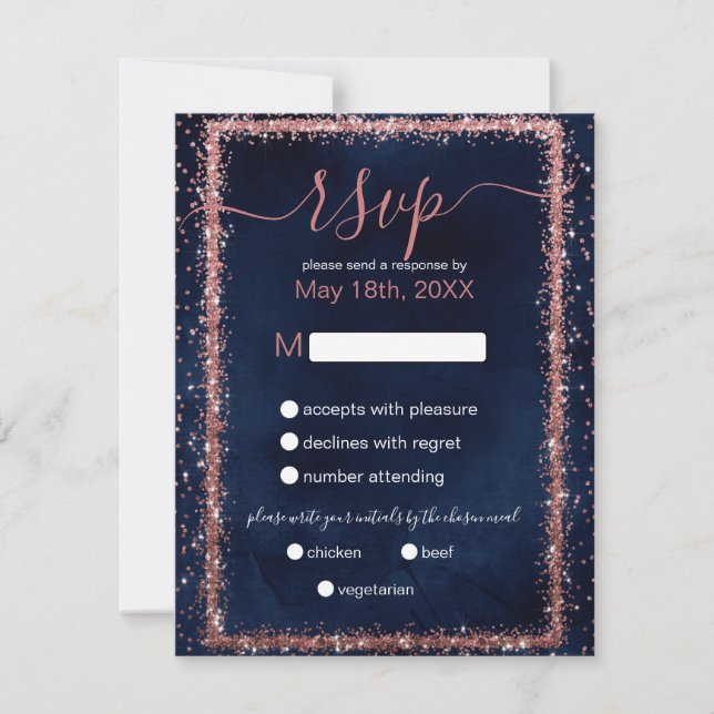 Cartons Réponse Rose bleu de la marine  or arrosé Mariage Confetti (Devant)