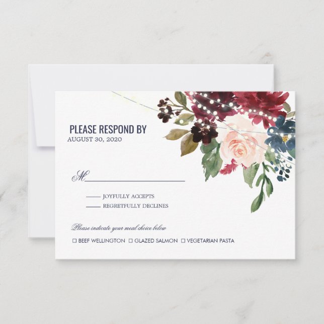 Cartons Réponse Rose de la marine Bourgogne Floral String Mariage (Devant)