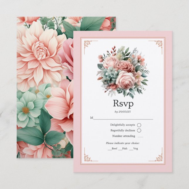 Cartons Réponse Rose Dusty, Mint Green et Blush Floral Mariage (Devant / Derrière)