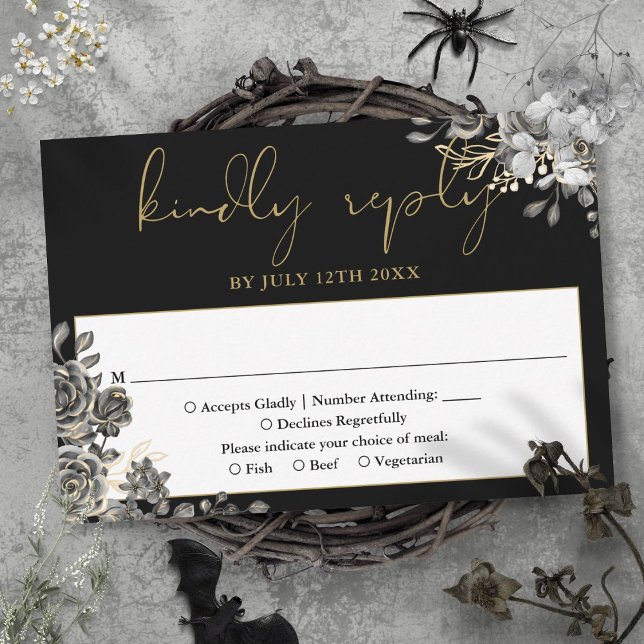 Cartons Réponse Rose Floral Gothique Noir et Mariage Or (Gothic Floral Roses Black And Gold Wedding RSVP Card)