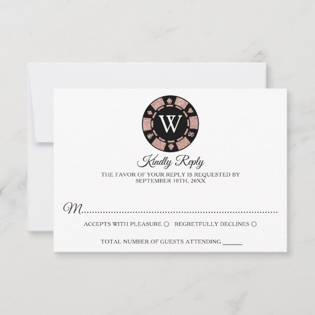 Cartons Réponse Rose Gold Monogram Poker Chip Casino Mariage (Devant)