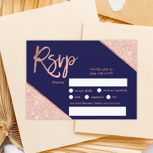 Cartons Réponse Rose or parties scintillant script marine bleu rsv