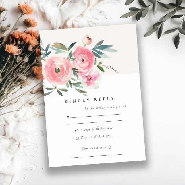 Cartons Réponse Rose rose vert  Aquarelle Mariage floral (Créateur téléchargé)