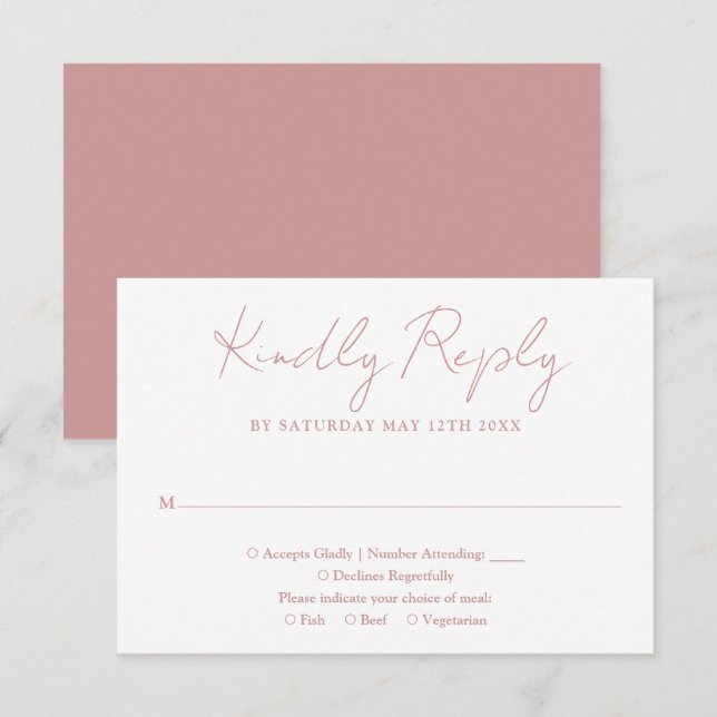 Cartons Réponse Rose simple Dusty rose élégant Mariage de script (Devant / Derrière)