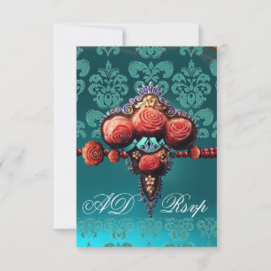CARTONS RÉPONSE ROSES DE CORAIL ROUGE, BLEU BLACK DAMASK MONOGRAM 