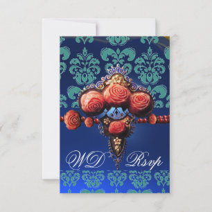 CARTONS RÉPONSE ROSES DE CORAIL ROUGE, BLEU BLACK DAMASK MONOGRAM 