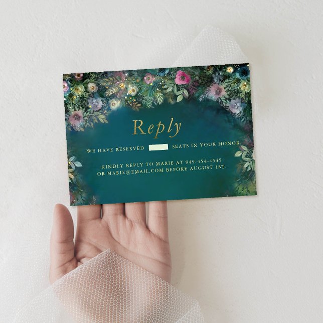 Cartons Réponse Roses forestiers Enchantés Folithe Fairy Woodland  (enchanted forest sweet sixteen rsvp reply respond card frame roses greenery fairy woodland emerald)