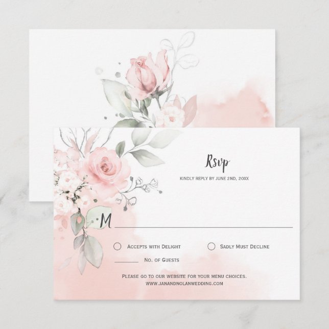 Cartons Réponse Roses Rose Pâle Pastel Lavis Aquarelle Rose Clair (Devant / Derrière)