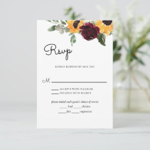 Cartons Réponse Roses Tournesol Mariage Rustique Avec Choix De Rep