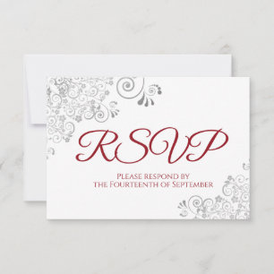 Cartons Réponse Rouge & blanc Elegant Mariage en dentelle argentée