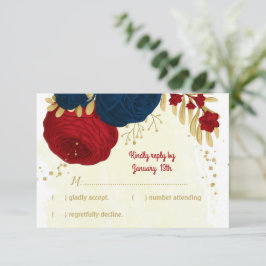 Cartons Réponse rouge & bleu marine fleurs or feuille mariage