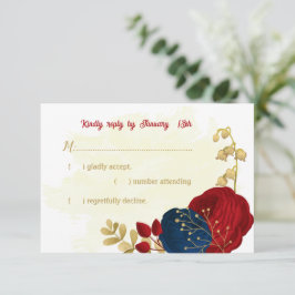 Cartons Réponse rouge & bleu marine fleurs or feuille mariage