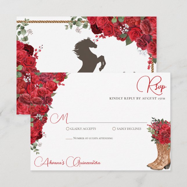 Cartons Réponse Rouge Floral Ouest Charro Quinceañera (Devant / Derrière)