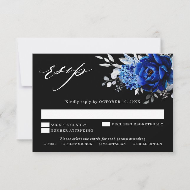 Cartons Réponse Royal Bleu Blanc Argent Métallique Mariage Floral  (Devant)