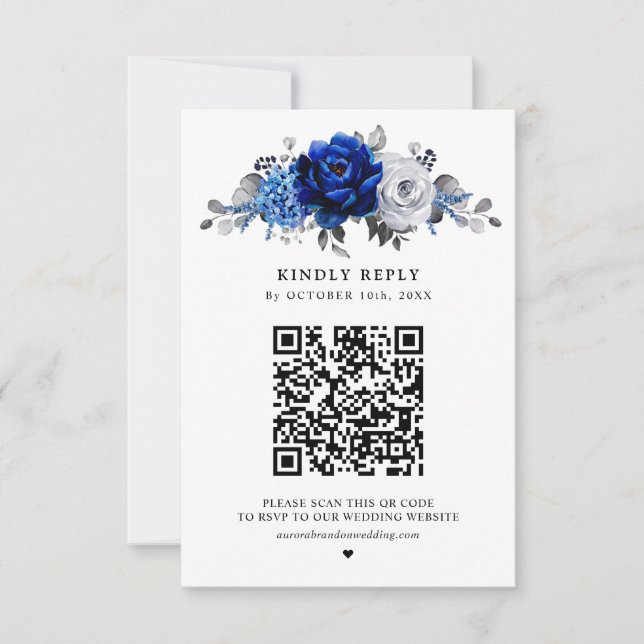 Cartons Réponse Royal Bleu Blanc Argent Métallo Mariage Floral (Devant)