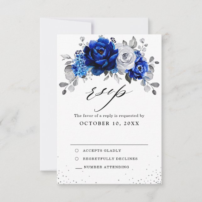 Cartons Réponse Royal Bleu Blanc Métallurier Argent Mariage Floral (Devant)
