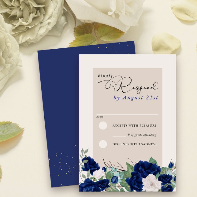 Cartons Réponse Royal Blue et ivoire Rose Élégant floral (RSVP cards with elegant calligraphy and floral border of royal blue navy and ivory roses)