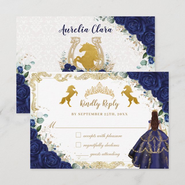Cartons Réponse Royal Blue Floral Quinceañera Charro Gold Hors (Devant / Derrière)