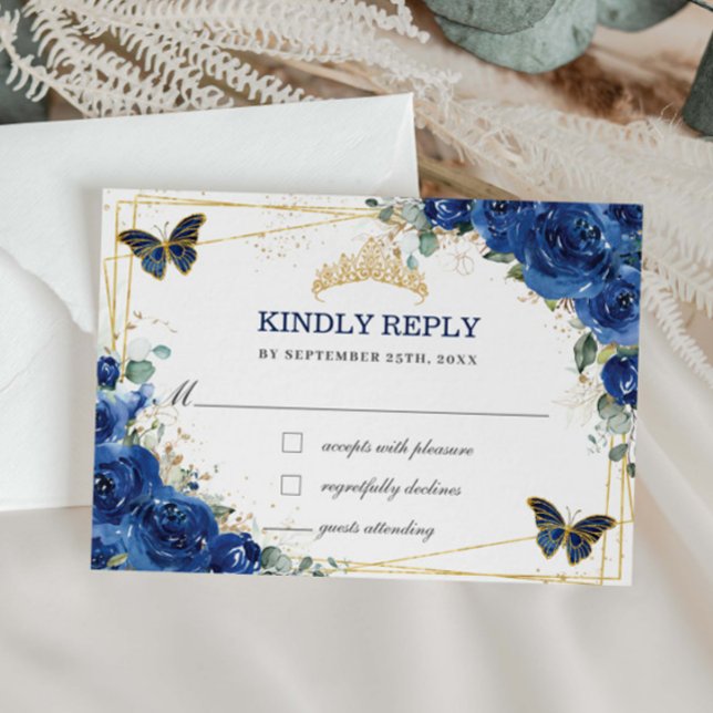 Cartons Réponse Royal Blue Floral Quinceañera Papillons Répondre (Créateur téléchargé)