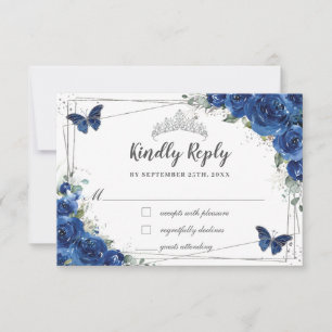 Cartons Réponse Royal Blue Floral Rose Quinceañera Papillons