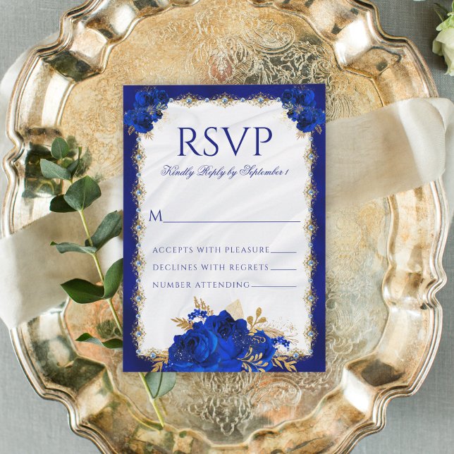 Cartons Réponse Royal Blue Metallic élégant Mariage floral (Créateur téléchargé)