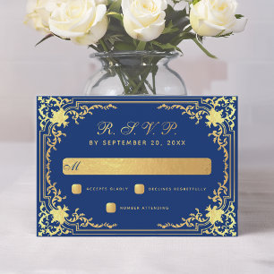 Cartons Réponse Royal Blue Vintage Elegant Faux Gold Foil Mariage