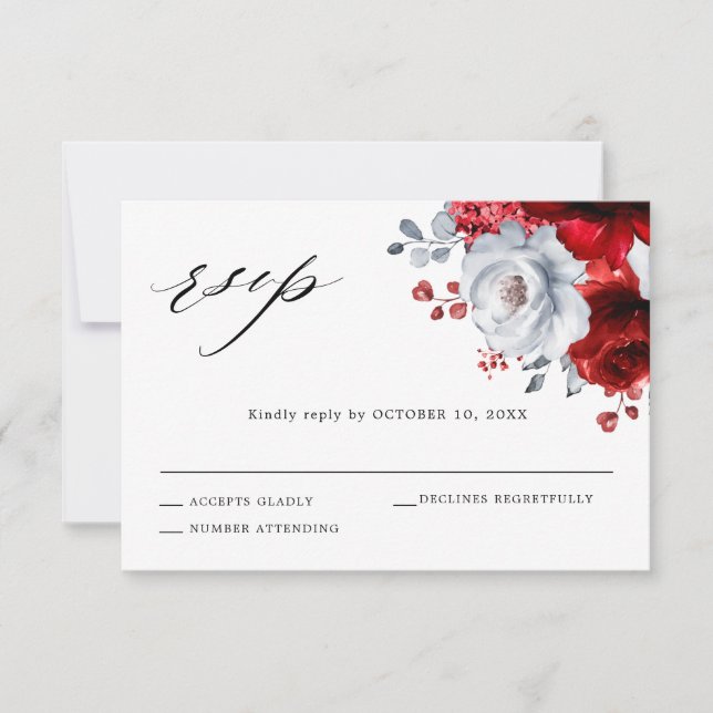 Cartons Réponse Royal Rouge Blanc argent métal Mariage floral (Devant)