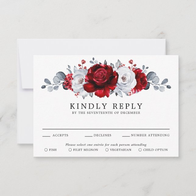 Cartons Réponse Royal Rouge Blanc argent métal Mariage floral (Devant)