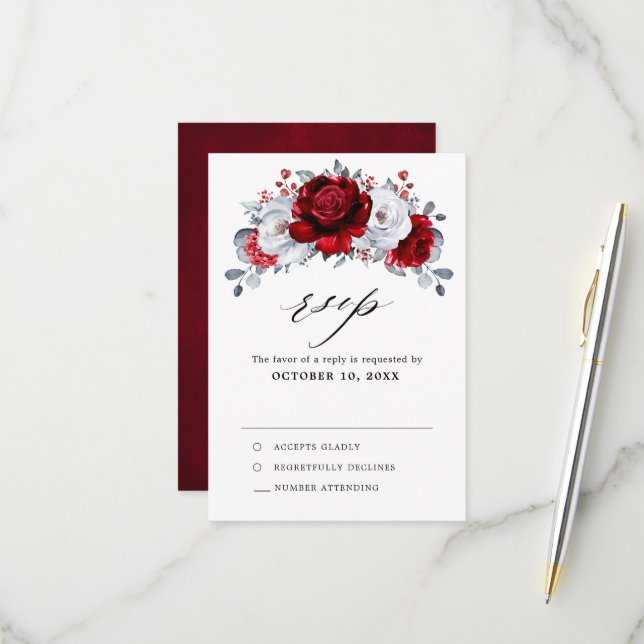 Cartons Réponse Royal Rouge Blanc argent métal Mariage floral (Devant/Arrière en situation)