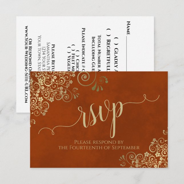 Cartons Réponse Rust Orange Gold Lace Élégant Mariage de calligrap (Devant / Derrière)
