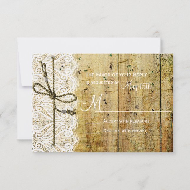 Cartons Réponse Rustic Country Dentelle en bois Carré mariage Cart (Devant)