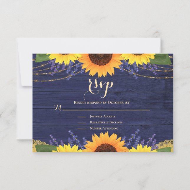 Cartons Réponse Rustic Navy Blue Gold Dentelle Tournesol Mariage R (Devant)