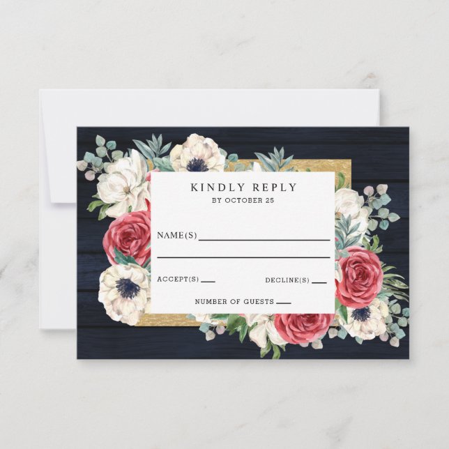 Cartons Réponse Rustic Wood Navy Burgundy Gold Floral Mariage (Devant)