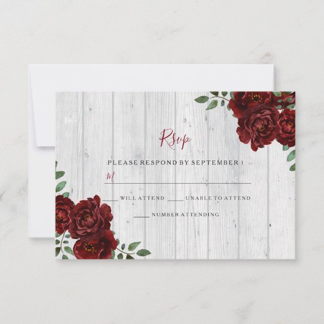 Cartons Réponse Rustique Bois Bourgogne Rose Mariage romantique RS (Devant)