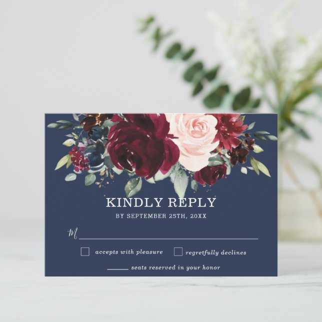 Cartons Réponse Rustique Bourgogne Marine Blush Floral Greenery Ma (Debout devant)