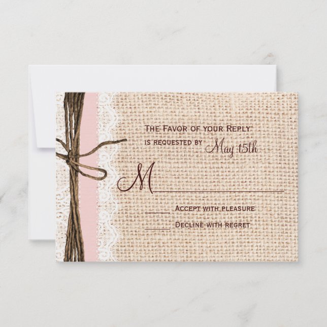Cartons Réponse Rustique Burlap dentelle Twine rose Ribbon Mariage (Devant)