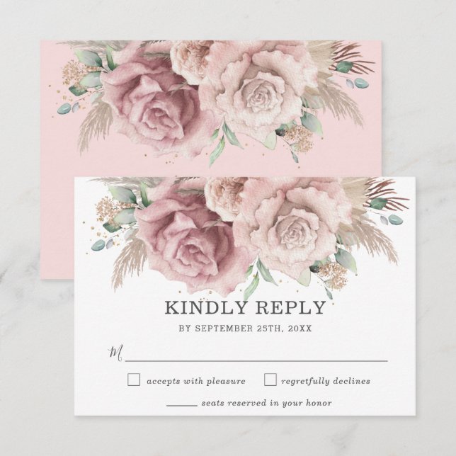 Cartons Réponse Rustique Chic Blush Dusty Rose Floral Pampas Maria (Devant / Derrière)