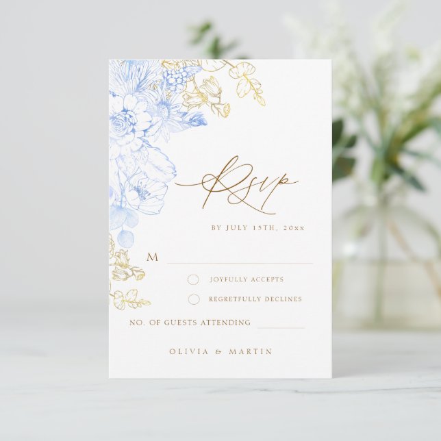 Cartons Réponse Rustique et élégant Floral bleu poussiéreux Mariag (Debout devant)