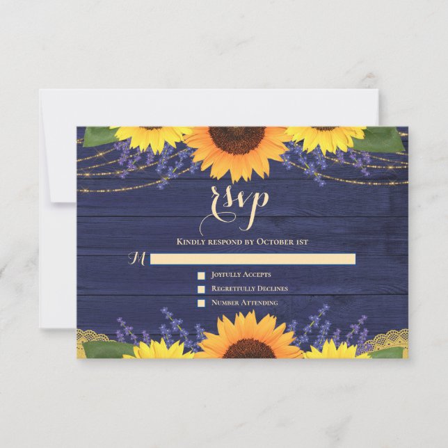 Cartons Réponse Rustique Marine Bleu Tournesol Lavande Mariage RSV (Devant)