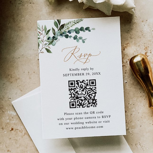 Cartons Réponse Rustique Sage QR Code Greenery Gold Mariage (Créateur téléchargé)