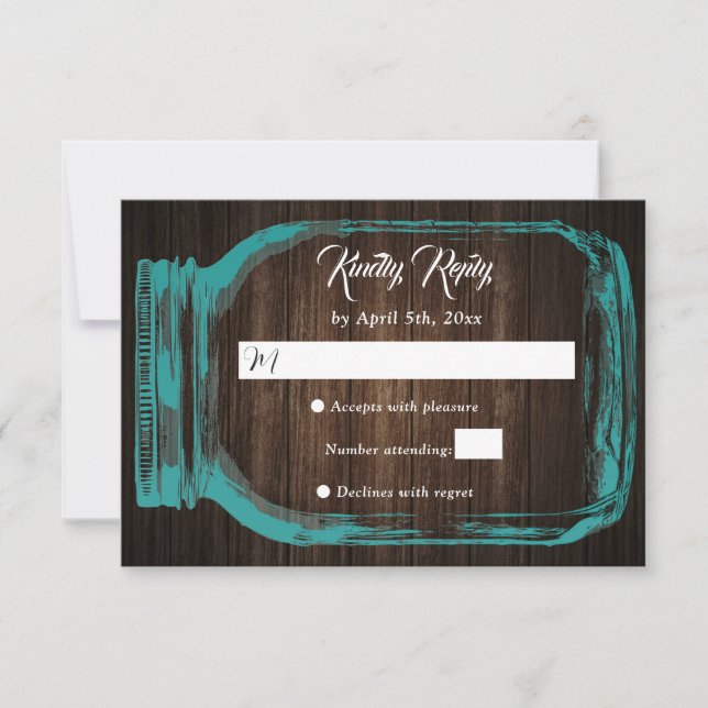 Cartons Réponse Rustique Turquoise bois Coeurs Mason Jar Mariage R (Devant)