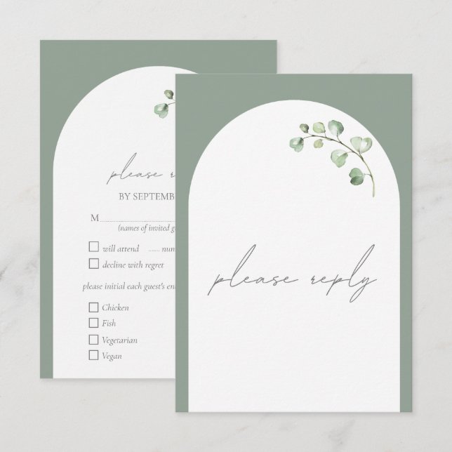 Cartons Réponse Sage Green Arch Botanique Mariage choix de repas (Devant / Derrière)