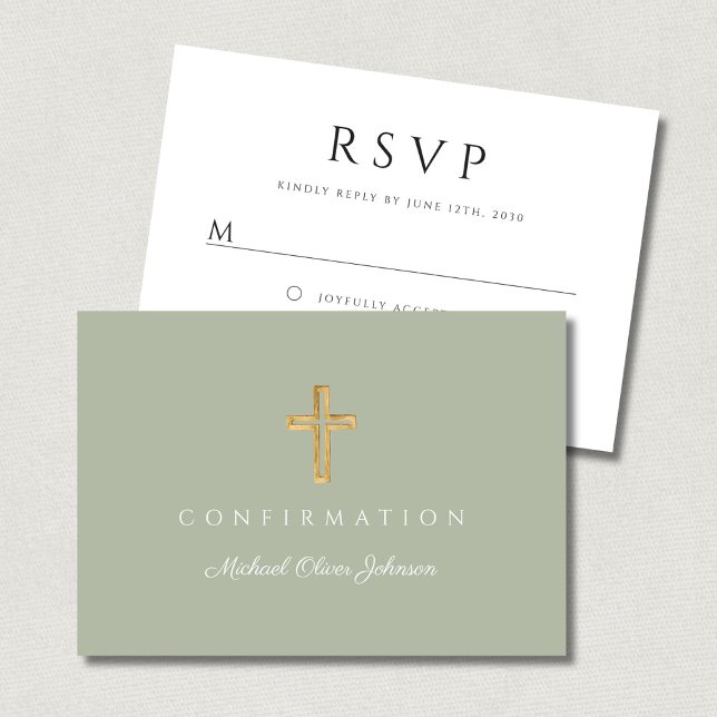 Cartons Réponse Sage Green Boy Religious Cross Confirmation (Sage Green Boy Religious Cross Confirmation RSVP Card)