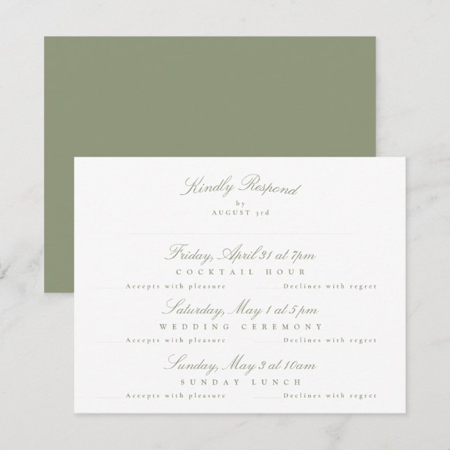 Cartons Réponse Sage Green Elegant Calligraphy multi-événement (Devant / Derrière)