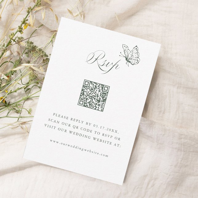 Cartons Réponse Sage Green Elegant Calligraphy Wedding QR Code (Créateur téléchargé)
